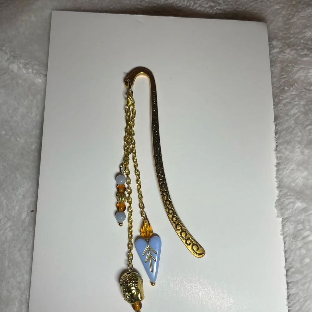 Gold Bookmark with Blue Heart, Buddha and Bead Charms